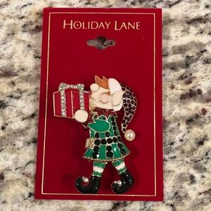 Holiday Lane Festive Elf Brooch Rhinestones & Enamel 2.5” Length New Christmas